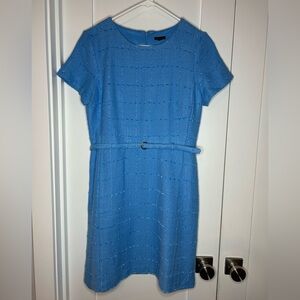 Ann Taylor textured blue sheath dress w/ belt, *see measurements